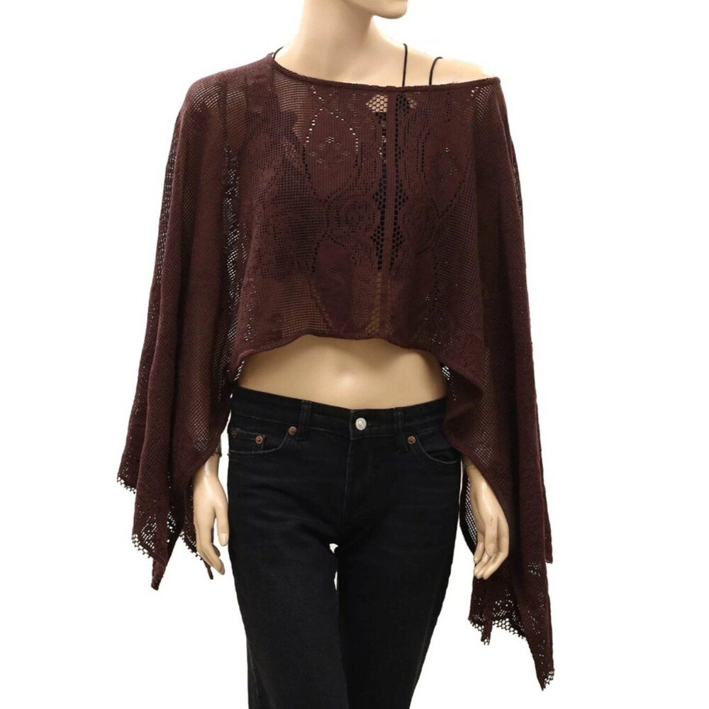 Free People Elsa Poncho Cropped Top Sheer Crochet Lace Pullover Beach OS 290718